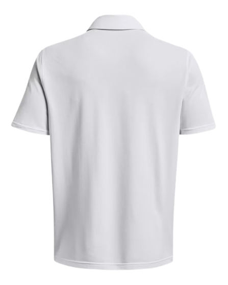 Rear view of the UA Team Tech Polo by Under Armour, featuring a plain white design with short sleeves. The shirt is showcased on a flat surface or mannequin, highlighting its straightforward design and timeless collar.