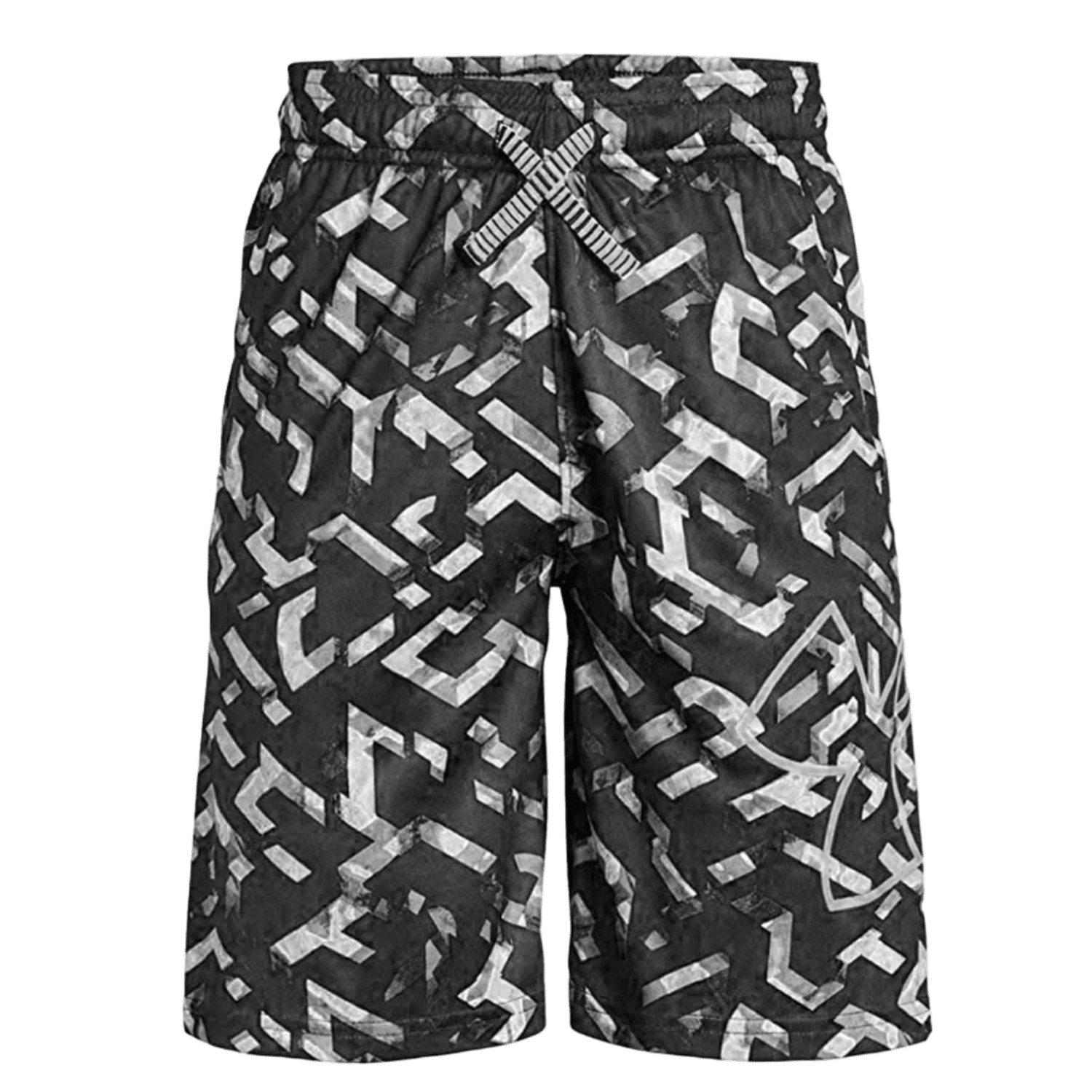 Under Armour shorts, model number 1342065-012, showcase a black and white geometric pattern with a convenient drawstring and elastic waistband. They are crafted from quick-drying fabric and displayed against a plain white background.