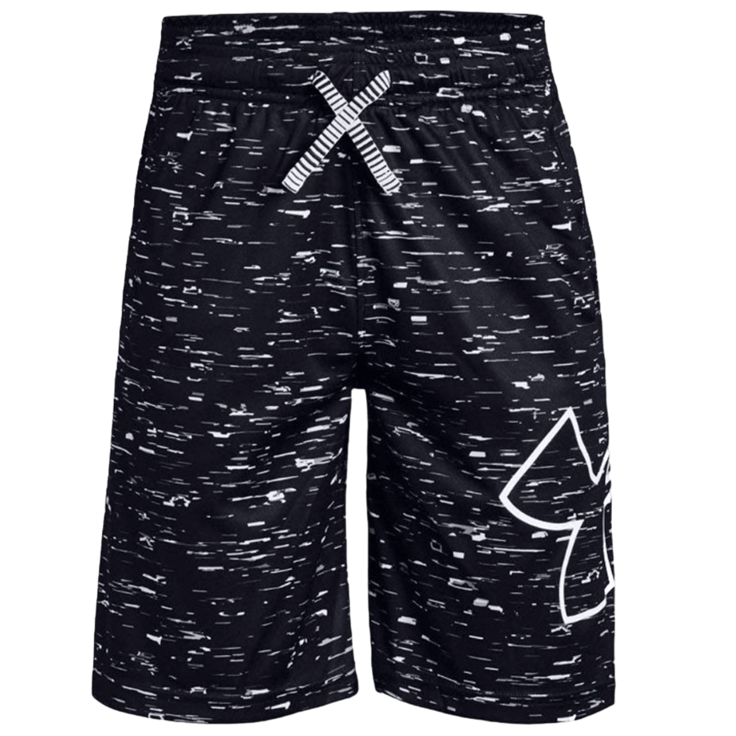 The UA Renegade 2.0 Printed Short by Under Armour features black athletic shorts with a white abstract pattern, adorned with a large logo on the left leg. Made from lightweight fabric incorporating fast-drying and anti-odor technology, they provide comfort during activities. The waistband includes a drawstring with a crisscross design.