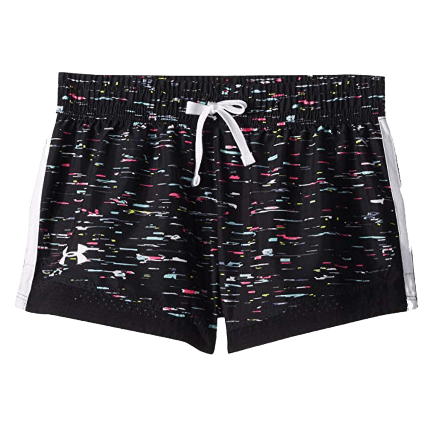 Under Armour's UA Sprint Printed Short features a colorful, speckled pattern with a white drawstring, complemented by white side stripes and adorned with a small logo on the front left side.