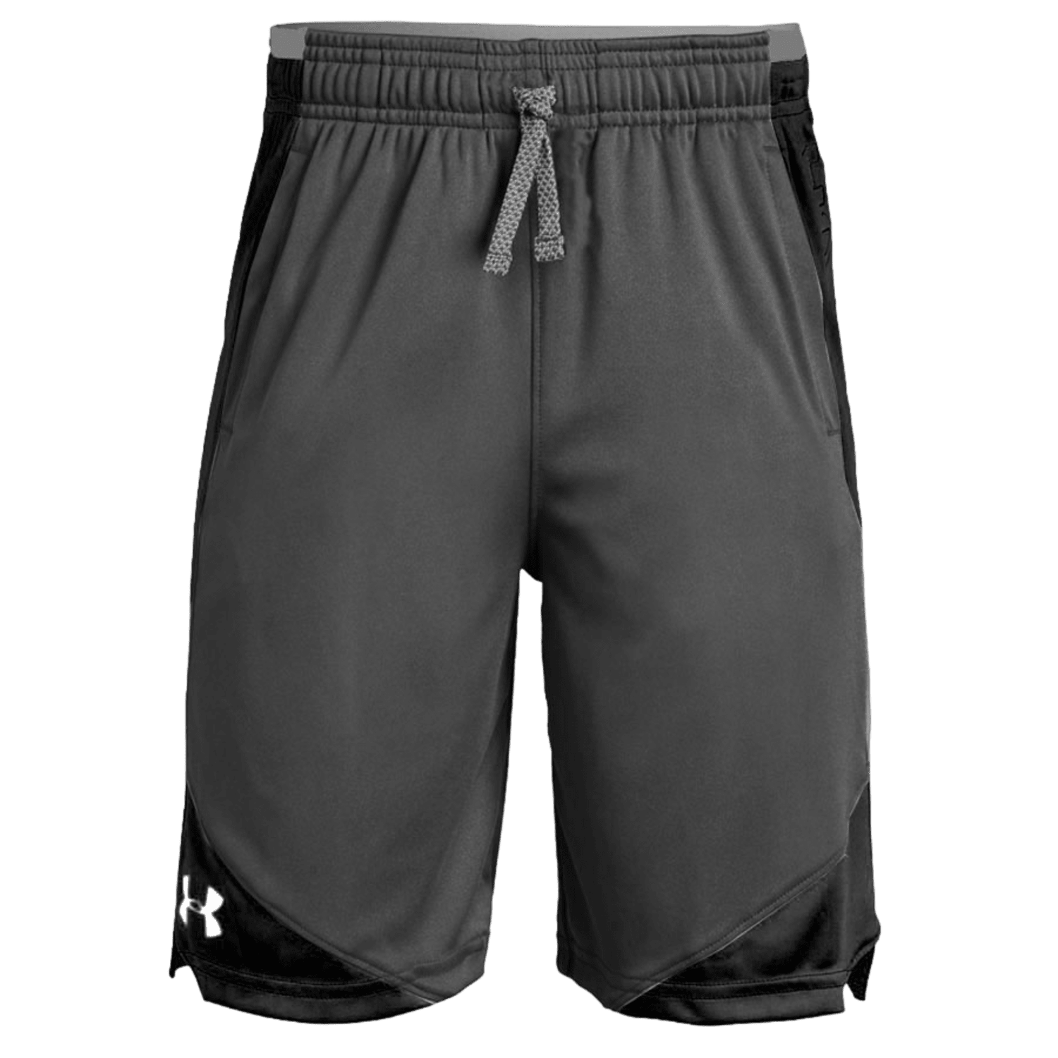 Introducing the UA Stunt 2.0 Shorts from Under Armour, a pair of gray athletic shorts designed for comfort with a drawstring and elastic waistband. These shorts feature fast-drying fabric and black accents on the sides, along with the Under Armour logo on the lower left side, providing UPF 30+ protection for all your outdoor adventures.