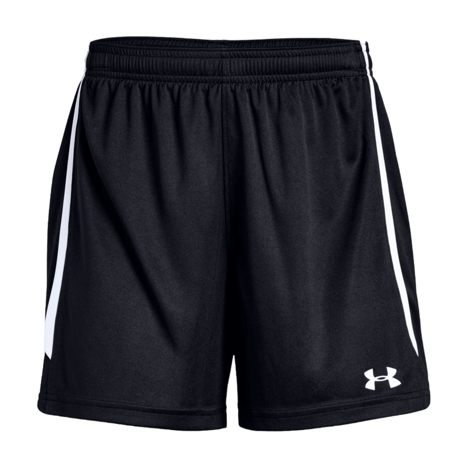 The UA Women's Maquina 2.0 Shorts by Under Armour are black athletic shorts with white side stripes and an Under Armour logo on the bottom right, made from lightweight, moisture-wicking fabric for optimal performance.