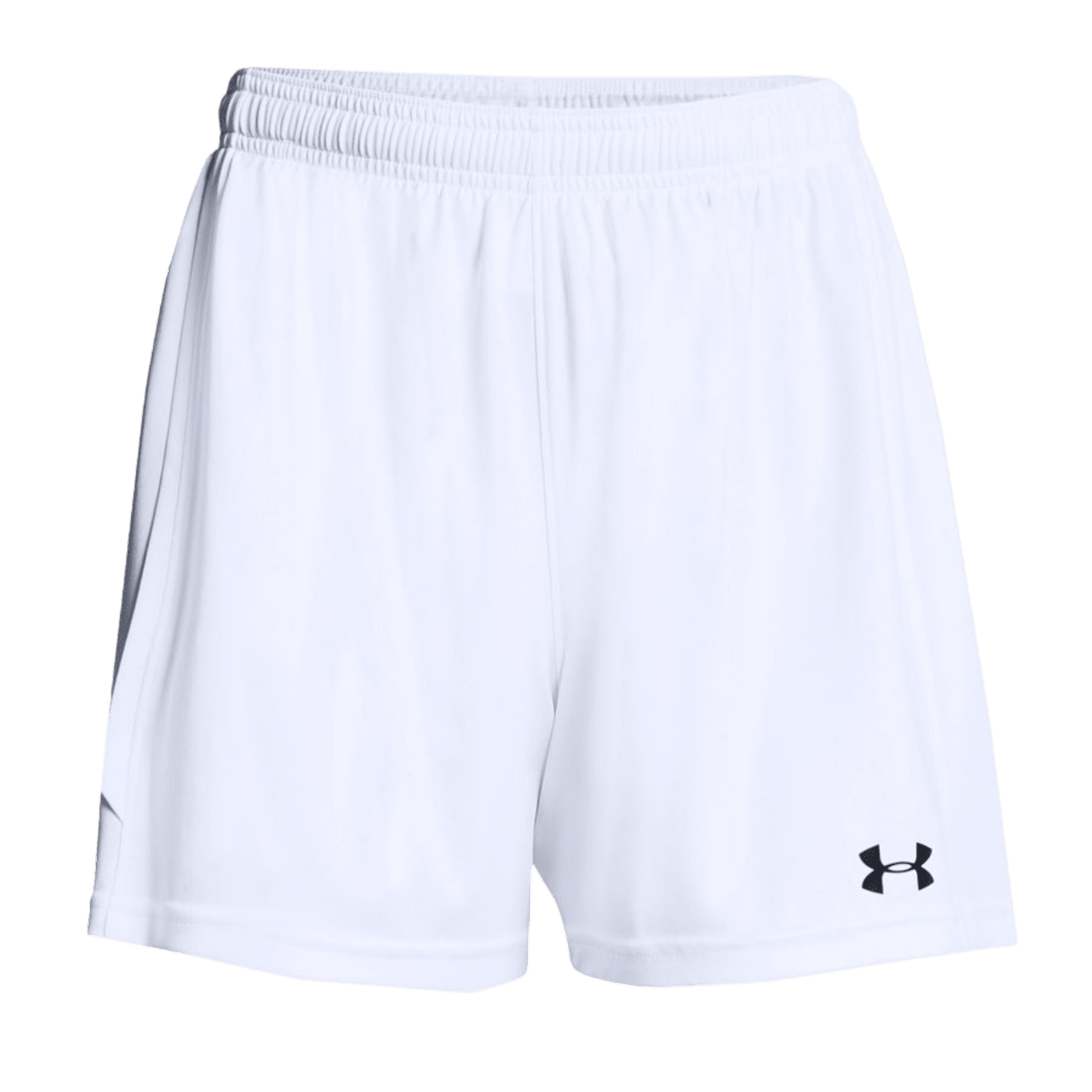 The UA Women's Maquina 2.0 Shorts by Under Armour are white athletic shorts with an elastic waistband and a small black logo on the lower left side. Made from lightweight, moisture-wicking fabric, they are ideal for sports or casual outings.