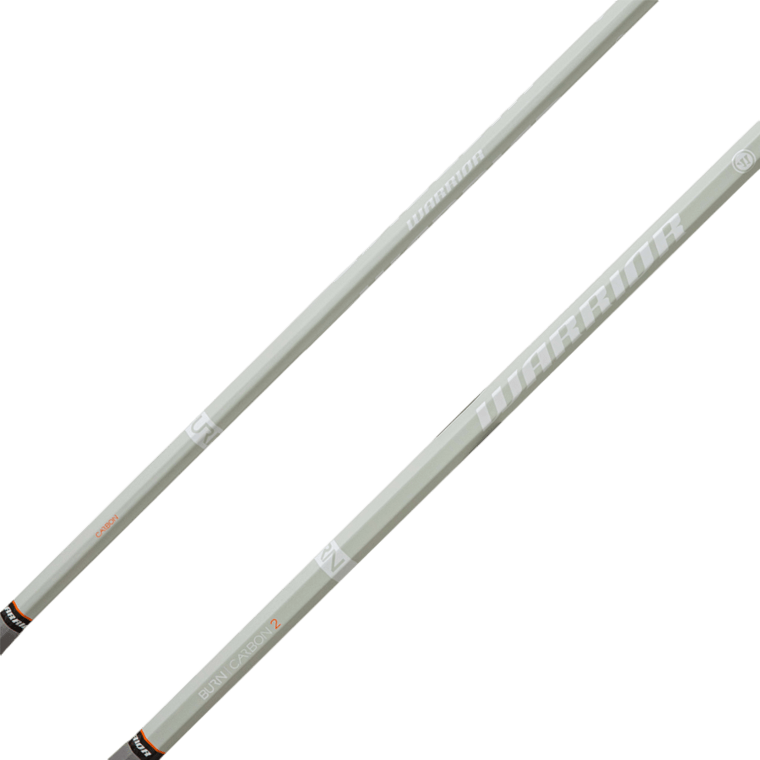 Two white Warrior Burn 2 Carbon Lacrosse Shafts, showcasing the signature diamond grip, are positioned diagonally on a green background. With "Warrior" branding prominently displayed, they exude sleek design and precision craftsmanship.