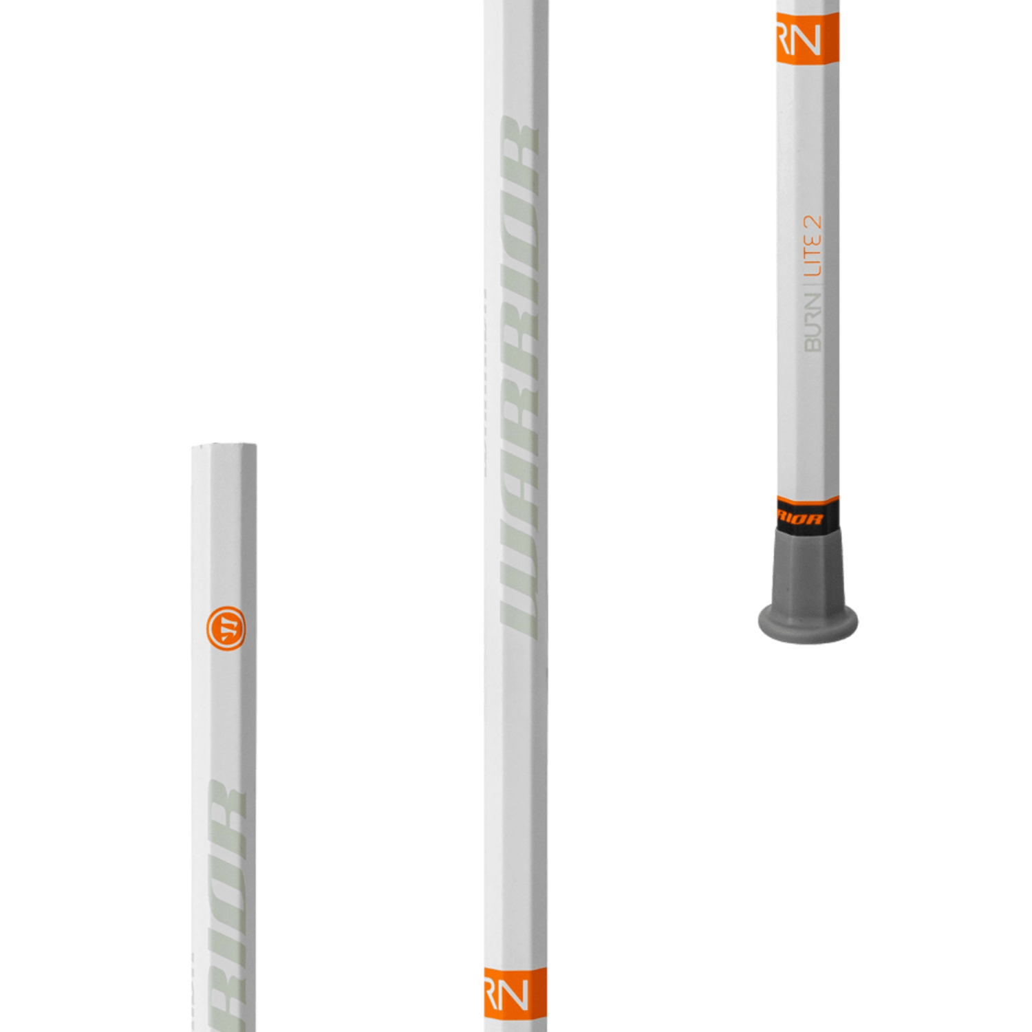 Three white carbon fiber lacrosse shafts featuring orange details are displayed against a white backdrop. The shafts are marked with "BRWN LITE 2" and the "Warrior" branding, emphasizing their lightweight attributes. One shaft showcases an orange circular logo, indicating it as the Warrior Burn 2 Lite Defense Lacrosse Shaft.