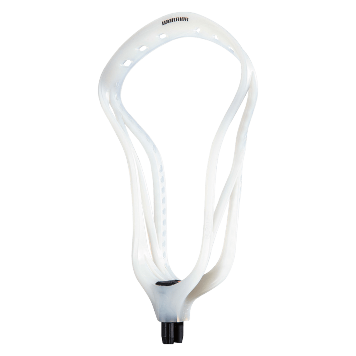 The Warrior brand's Burn FO Recovery Lacrosse Head features open sidewalls and a pure resin construction, offering an exceptional, sleek white design ideal for face-offs. Positioned against a plain backdrop, its performance-enhancing qualities make it truly stand out.