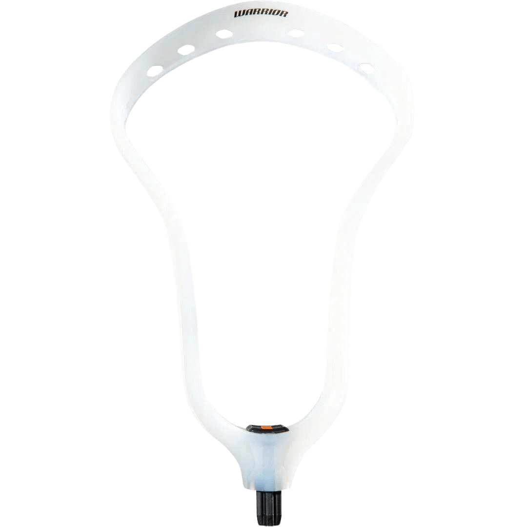 A Warrior Burn FO Recovery Lacrosse Head from the Warrior brand, crafted from pure resin in white, includes a black screw attachment at the bottom. It is designed for face-offs and offers enhanced durability. The brand logo is prominently displayed at the top edge of the head.