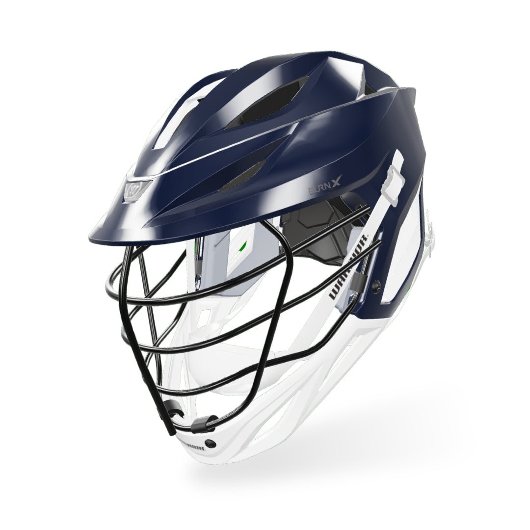 Image of a custom Warrior Burn X Helmet in navy blue and white with a protective face guard. The sleek design includes multiple ventilation slits on the top and sides for optimal airflow, along with a chin strap and a logo on the front above the faceguard. It ensures superior comfort thanks to its Adaptfit 270 by BOA system.