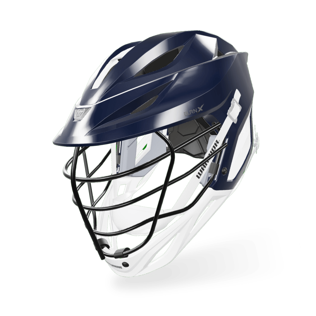 Image of a custom Warrior Burn X Helmet in navy blue and white with a protective face guard. The sleek design includes multiple ventilation slits on the top and sides for optimal airflow, along with a chin strap and a logo on the front above the faceguard. It ensures superior comfort thanks to its Adaptfit 270 by BOA system.