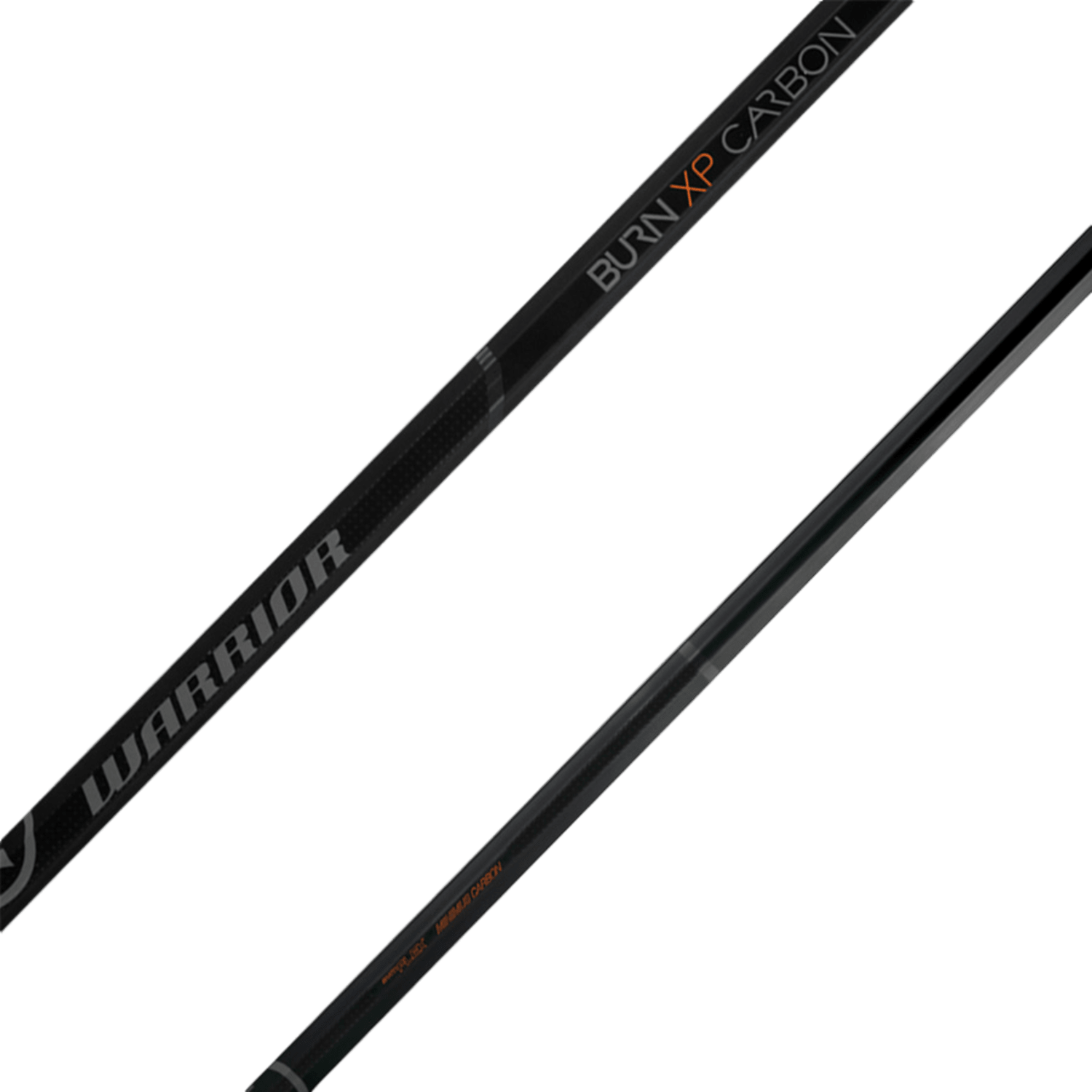 Close-up of the Warrior Burn XP Carbon Lacrosse Shaft, highlighting the "Warrior" branding and product name in contrasting text. The shaft features a Speed Die Shape with subtle textures, orange accents, and is equipped with a Dot Matrix grip for improved control.