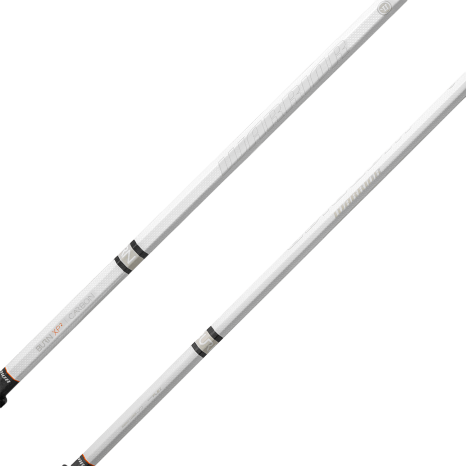 Two ski poles with black grips are crossed against a transparent background. Featuring logos and markings in gray and orange, these poles embody Xtreme Power for your alpine adventures.