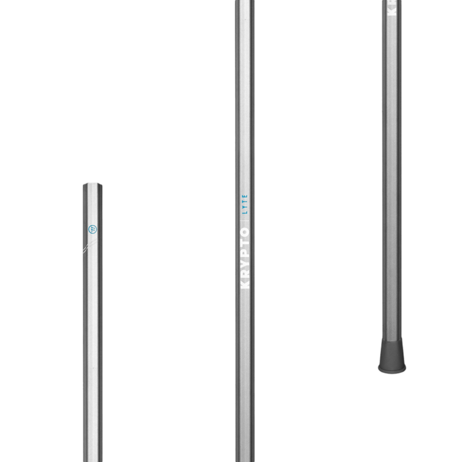 Against a green background, three silver metal poles of different lengths are showcased. The tallest is the Warrior Evo Krypto Lyte 44" lacrosse shaft, prominently featuring the "Krypto" branding on its surface. The shortest pole has a small blue logo near the top, making it ideal for any lacrosse enthusiast looking for quality and style.