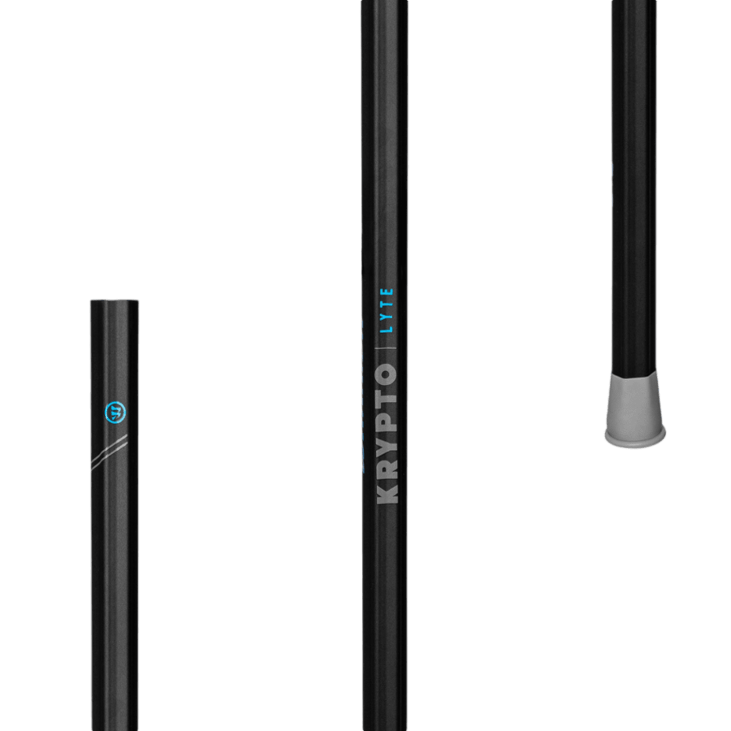 A close-up of the Warrior Evo Krypto Lyte Defense Lacrosse Shaft by Warrior, highlighting its black shaft with blue accents and a gray rubber tip. The defensive shaft is divided into three segments: the top, the middle featuring the brand name, and the bottom with a durable rubber base.