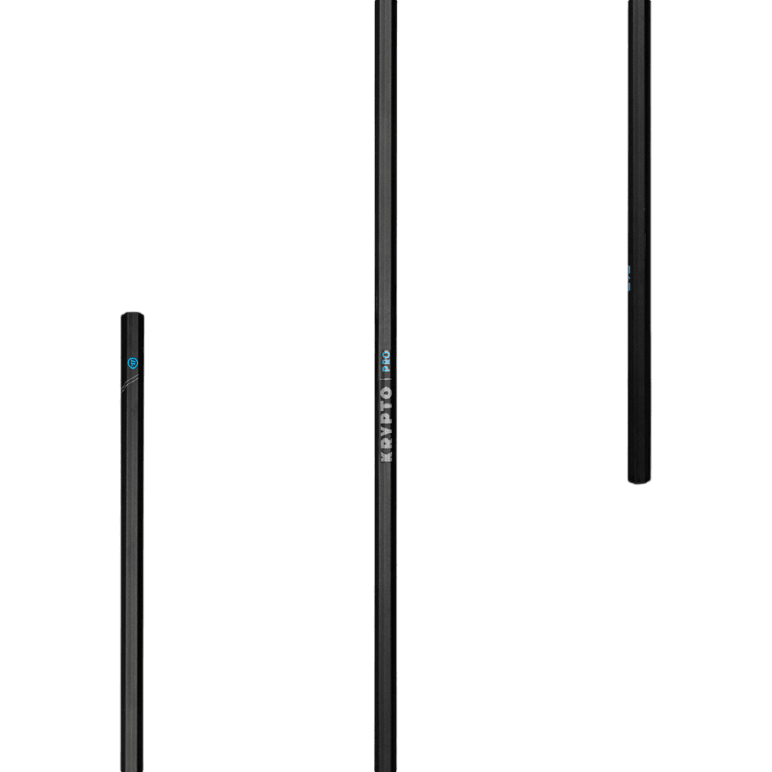 Three black vape pens standing upright against a white background resemble the sleek design of the Warrior Evo Krypto Pro Defense Lacrosse Shaft. The middle pen displays the text "KryptoPRO" in white. Each pen features a small blue button on its side, reflecting Warrior's meticulous attention to detail.