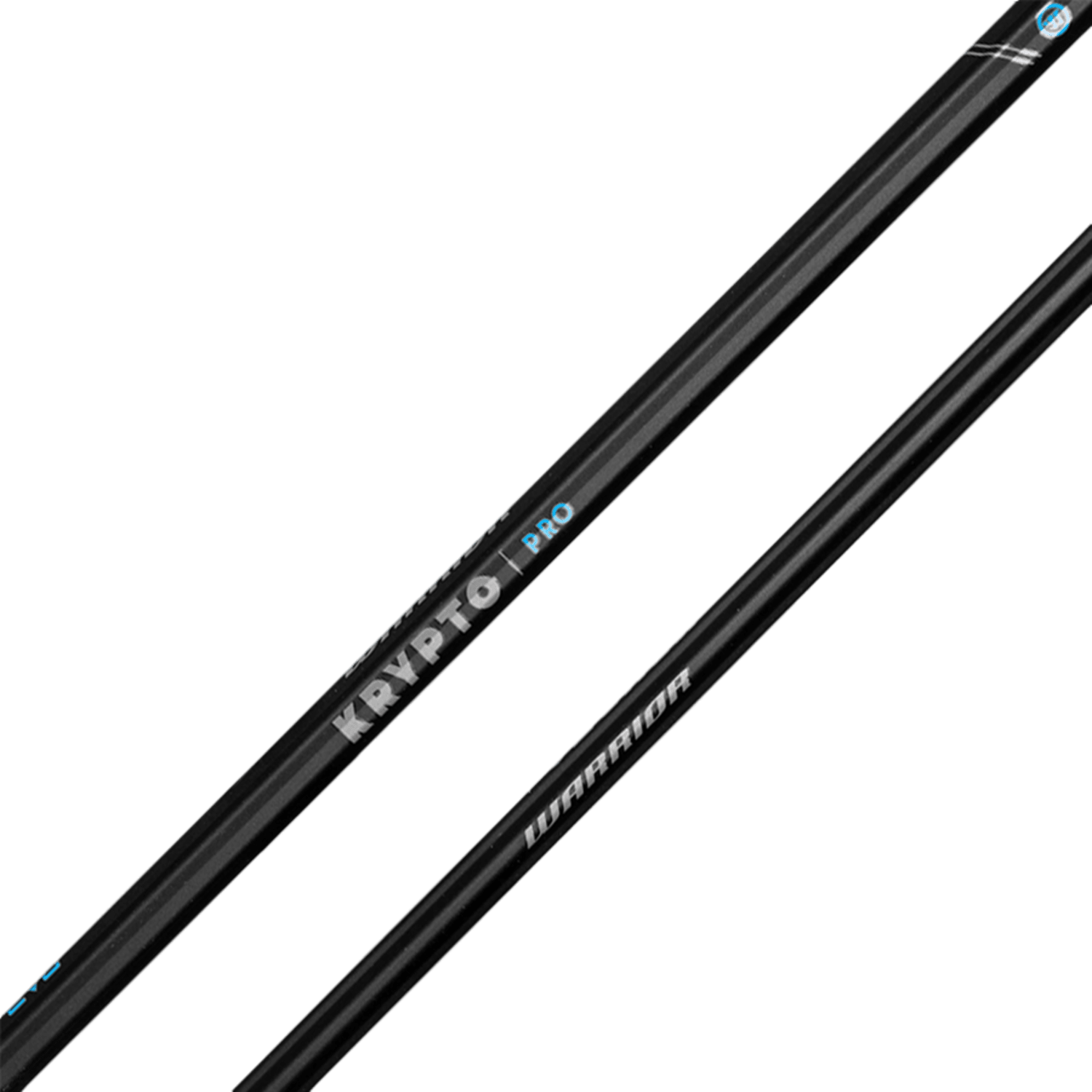 The Warrior Evo Krypto Pro Lacrosse Shaft, made from 7000-grade alloy, showcases "Krypto Pro" and "Warrior" in white text. With a sleek design enhanced by subtle blue accents, it stands out as an exceptional choice for players seeking high performance.