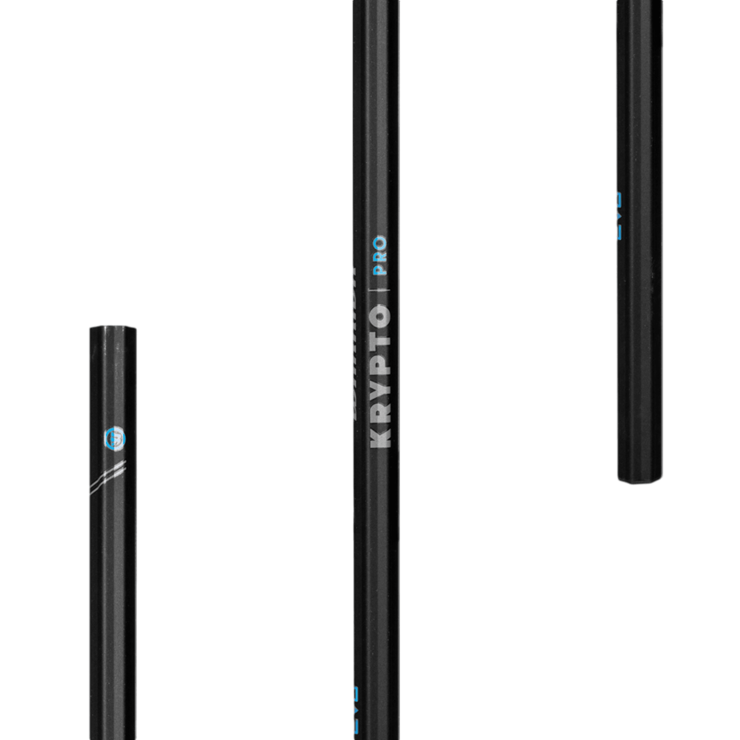 Three Warrior Evo Krypto Pro Lacrosse Shafts in black, crafted from 7000-grade alloy, are displayed on a white background. Each shaft features blue and white branding, highlighting a sleek and minimalist design.