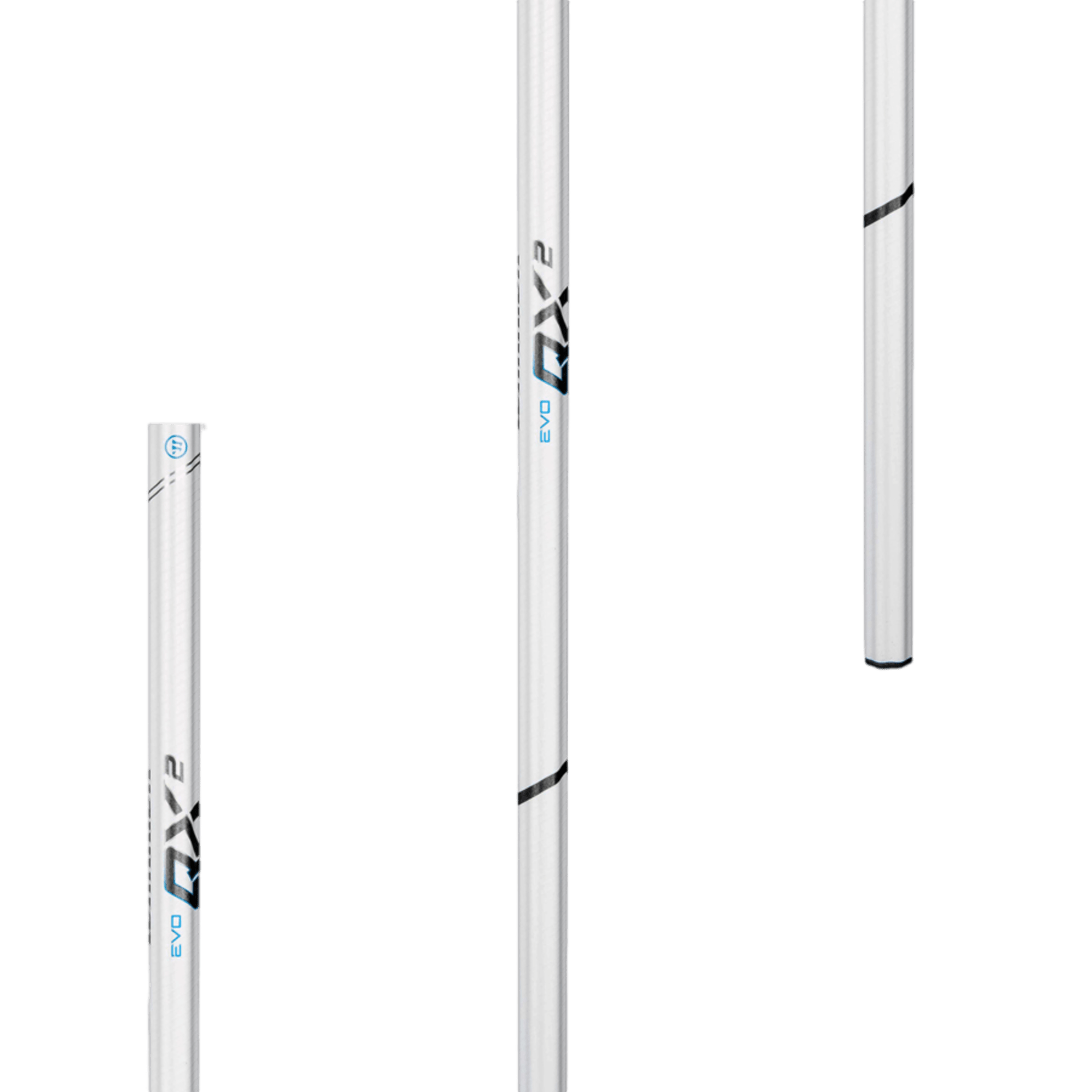 Three white, vertically positioned lacrosse shafts featuring the Warrior brand. The taller, central shaft is the Warrior Evo QX2 Carbon Lacrosse Shaft, adorned with "QX 2" lettering, tactical slide grip accents, and black lines. Blue details provide a striking contrast against its design while the background stays transparent.