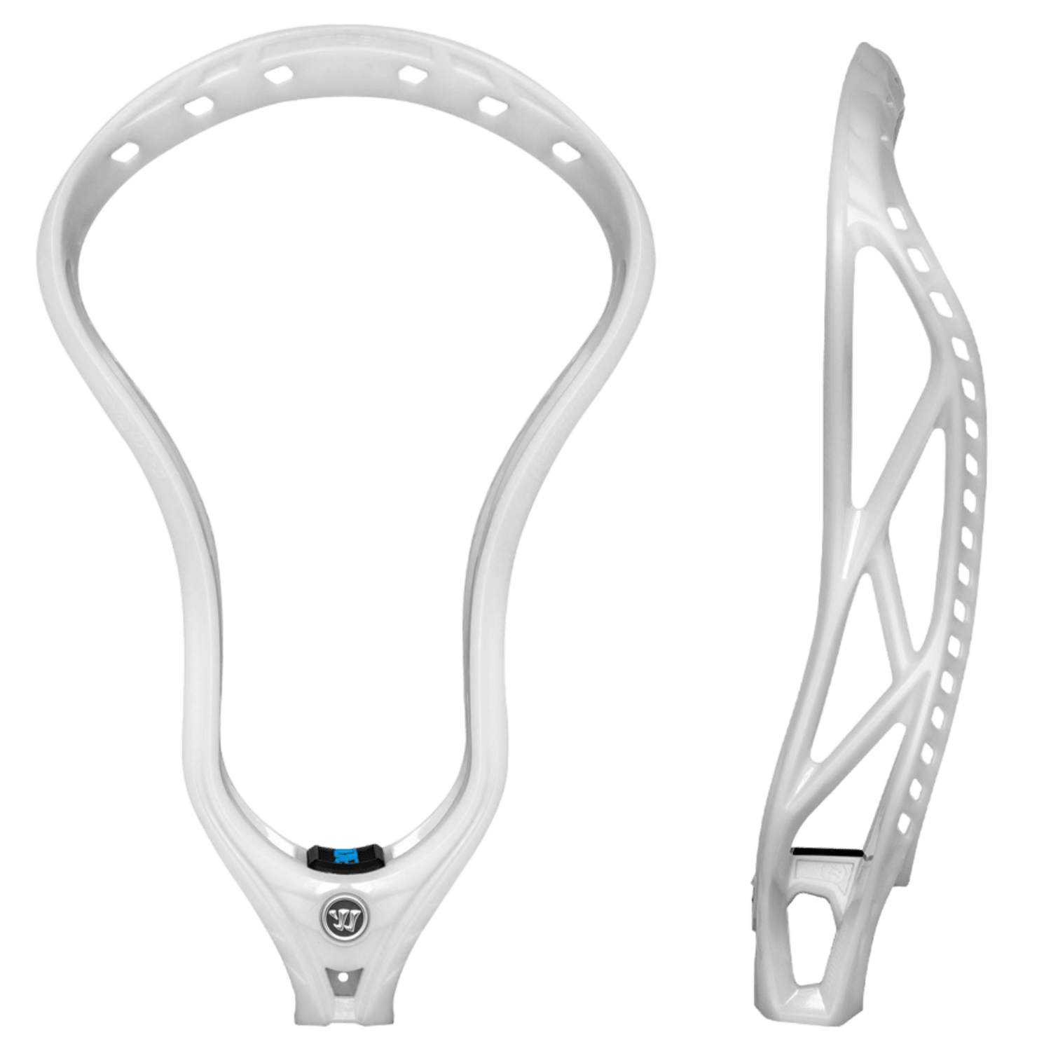 The Warrior Evo QX2-D Lacrosse Head from Warrior is showcased in two views: the front view reveals the scoop and sidewall strings, while the side view emphasizes its intricate sidewall design with multiple stringing holes. It features Therma-Loc+ technology for improved performance in all weather conditions.