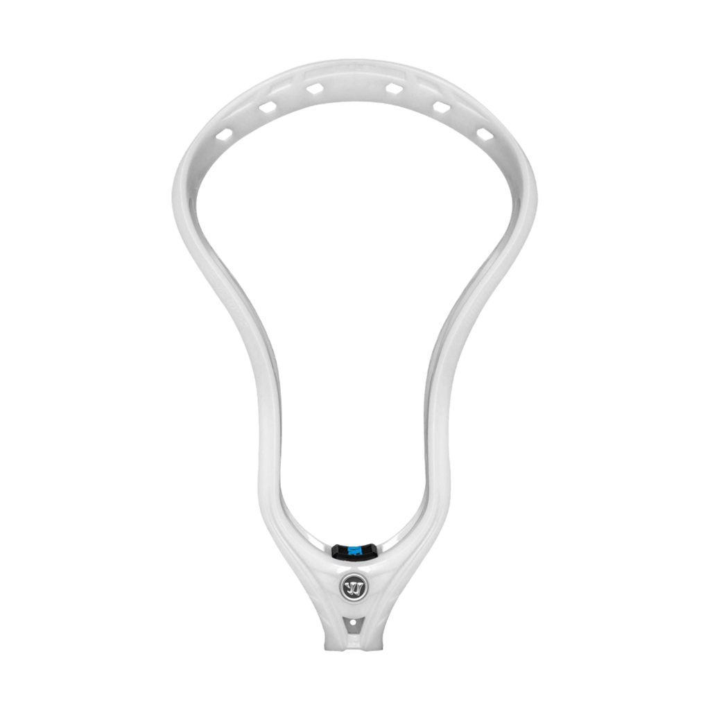 The Warrior Evo QX2-D Lacrosse Head, designed by Warrior, incorporates Therma-Loc+ technology and offers holes along the top edge for easy netting attachment. The head boasts a symmetrical design with a small black logo positioned near the LOC-THROAT, all showcased against a simple white background.