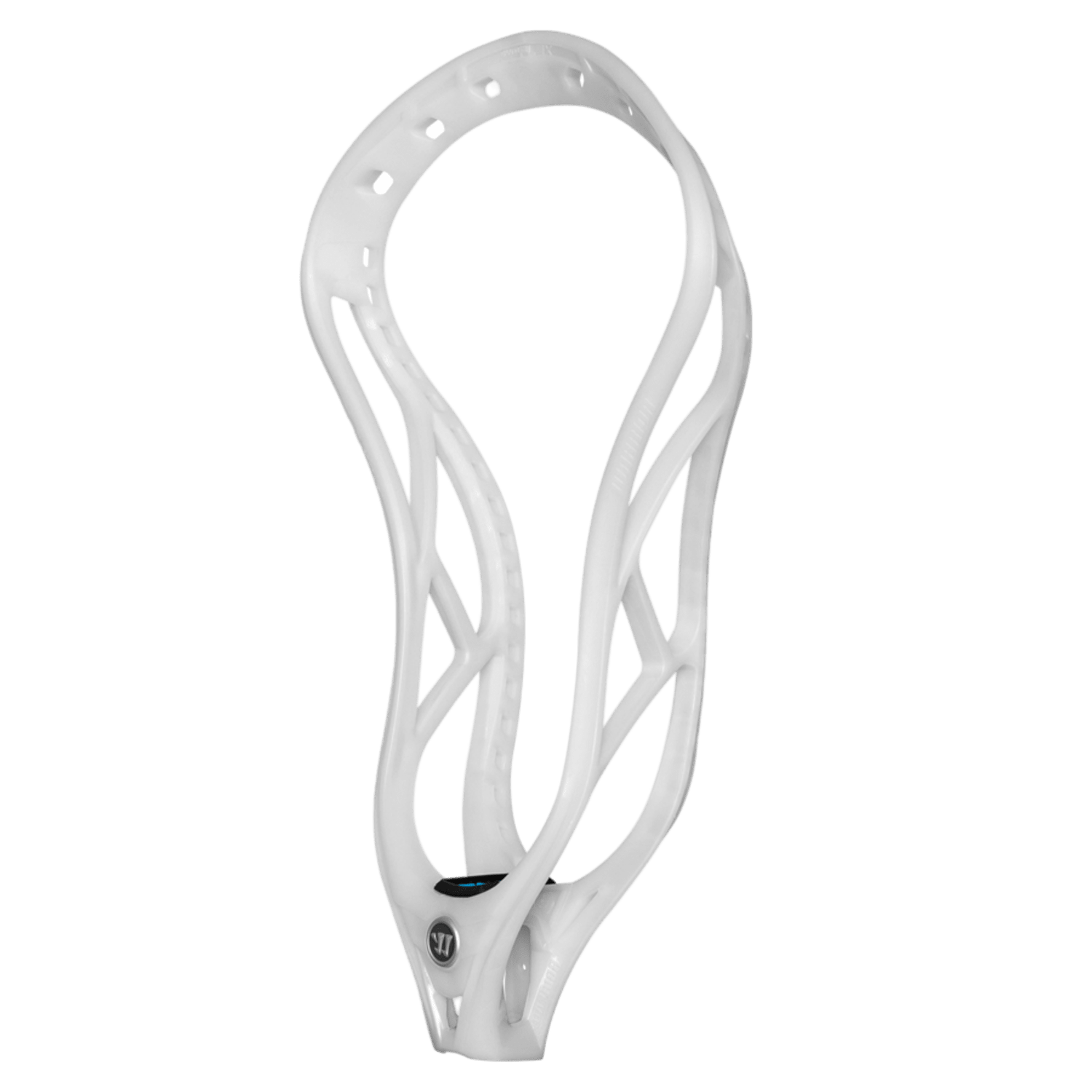 A white Warrior EQX2OUH2 lacrosse head, featuring the innovative LOC-THROAT technology, is showcased against a plain background.