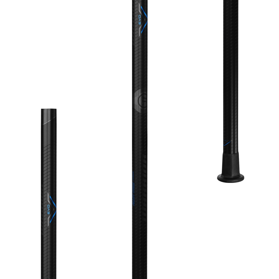 The Warrior Evo V Core Carbon Lacrosse Shaft, by Warrior, features a carbon fiber construction with blue accents and a rubber foot for enhanced durability. Its sleek and lightweight design supports multi-position use, making it perfect for trekking or hiking activities.