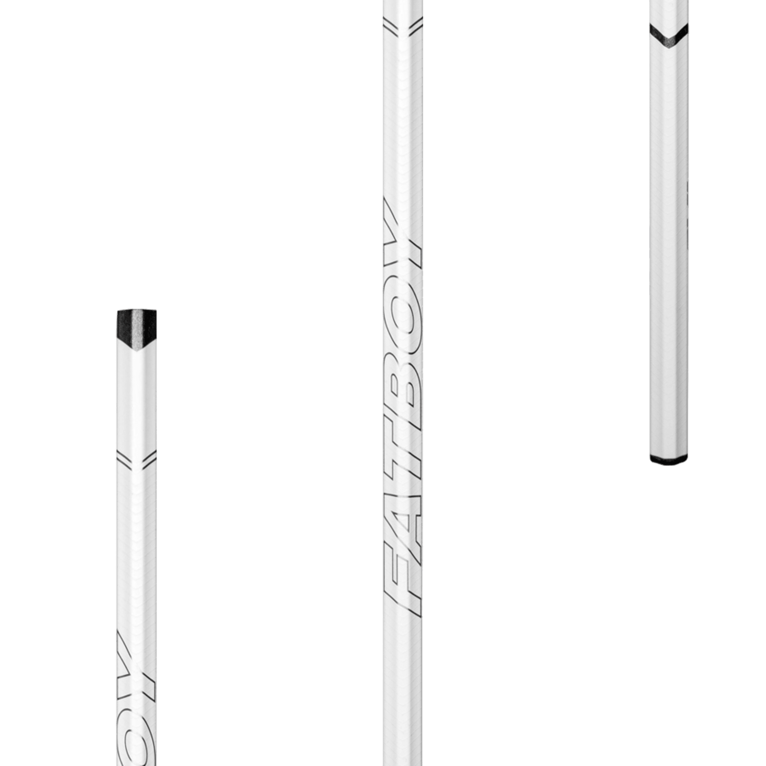 A white, metallic cylindrical object with "Warrior Fatboy Evo QX2 Carbon Lacrosse Shaft" printed in bold letters, reflecting the design of a Minimus Carbon BOX lacrosse shaft. The cylinder is displayed from various angles, showcasing its sleek, minimalist design.