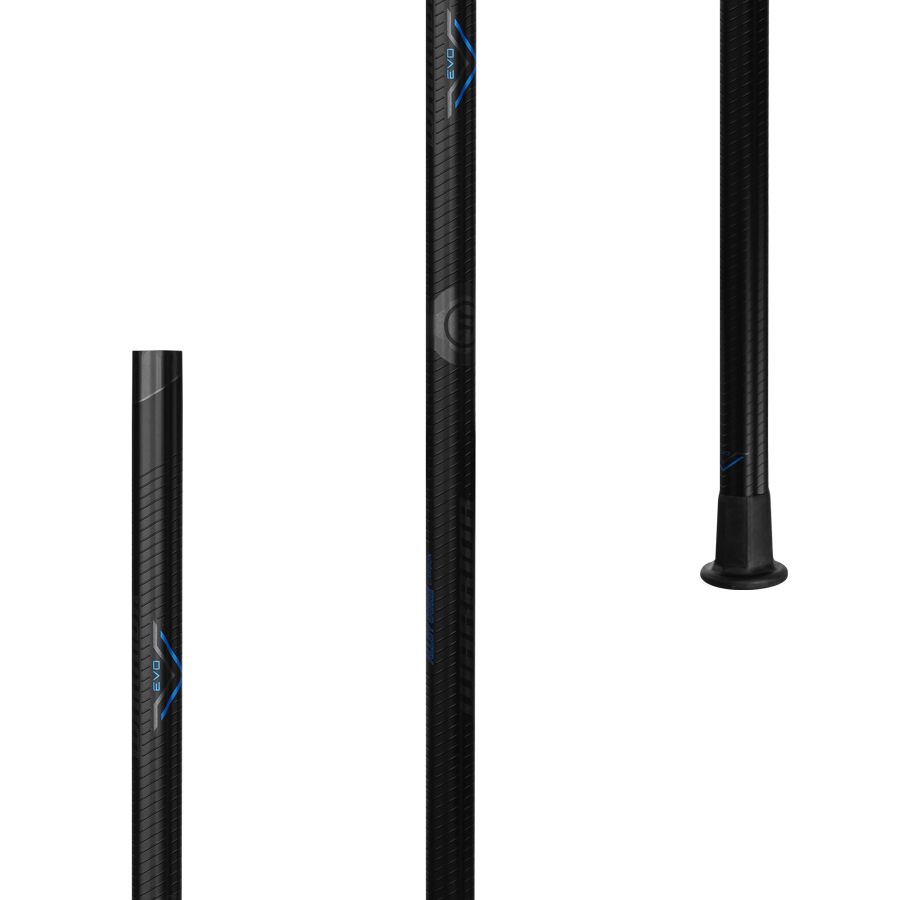 Three black carbon fiber tubes with blue accents and various end fittings: one features a flat cap, another has concealed ends, and the final tube includes a wider base specifically designed for multi-positional use, echoing the versatile design of the Warrior Evo V Alloy Lacrosse Shaft.