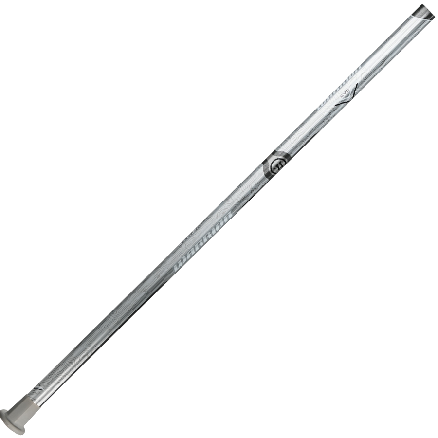 A silver barbell sleeve from Rogue, viewed diagonally, features a sleek, shiny surface with engraved markings and polished metal accents. Designed for versatile use in various positions, it pairs well with the robustness of an Alloy Core Carbon similar to the nimbleness of a Warrior Evo V Alloy Lacrosse Shaft.