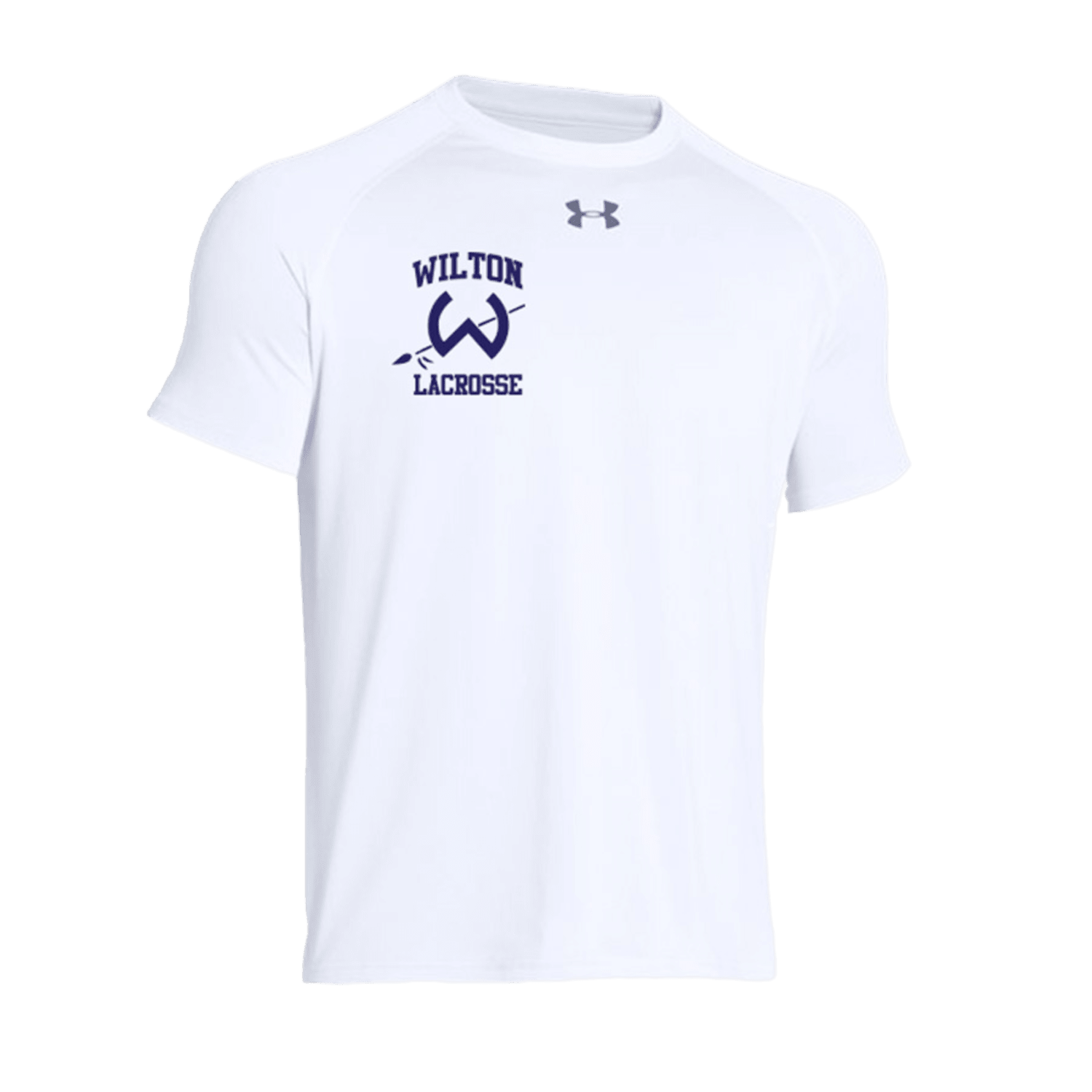 An Under Armour Locker T SS, product number 1268471, featuring "Wilton Lacrosse" and a stylized blue "W" logo on the left chest, designed with the high performance quality typical of UA.