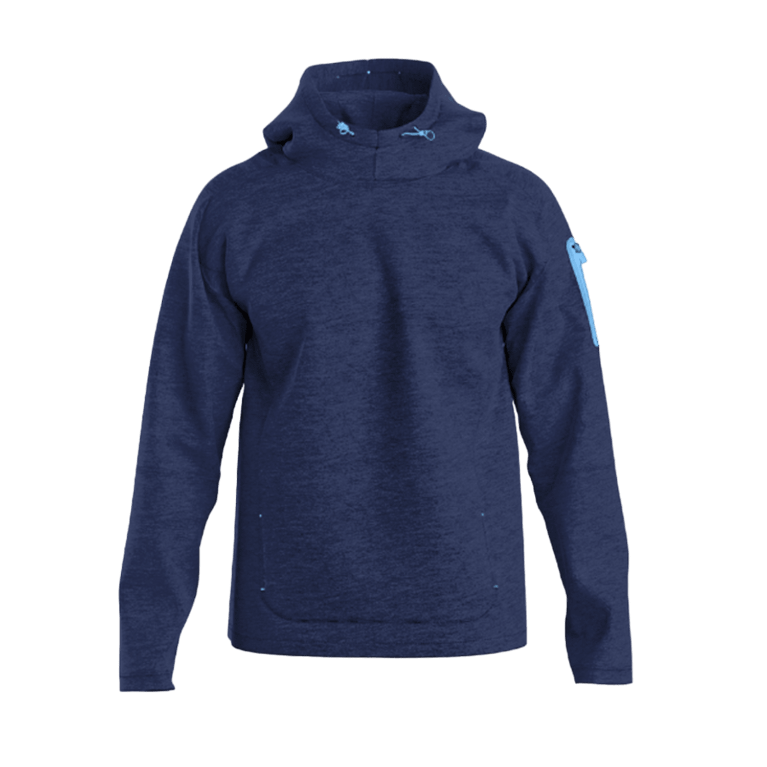 A grey Zima Revive Performance Hoodie with a high collar featuring drawstrings, a chest pocket, long sleeves, and a zippered pocket on the upper left arm is displayed against a plain background. The unisex hoodie by Zima showcases Italian flex-fleece fabric, offering both softness and subtle texture.