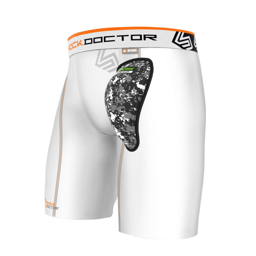Shock Doctor Compression Athletic Shorts with Protective Cup, Youth, Boys,  White